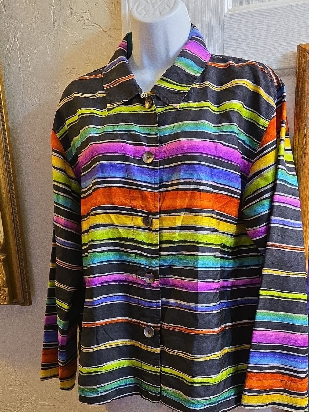 Chico's Black with Rainbow Stripes Silk Shirt